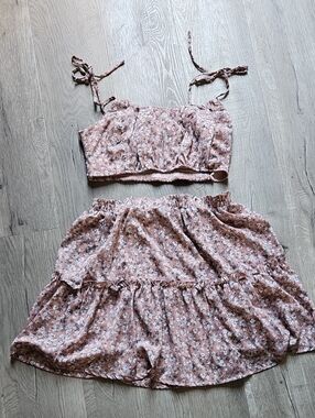 Forever 21 Blush Pink Floral Crop Top & Skirt Set